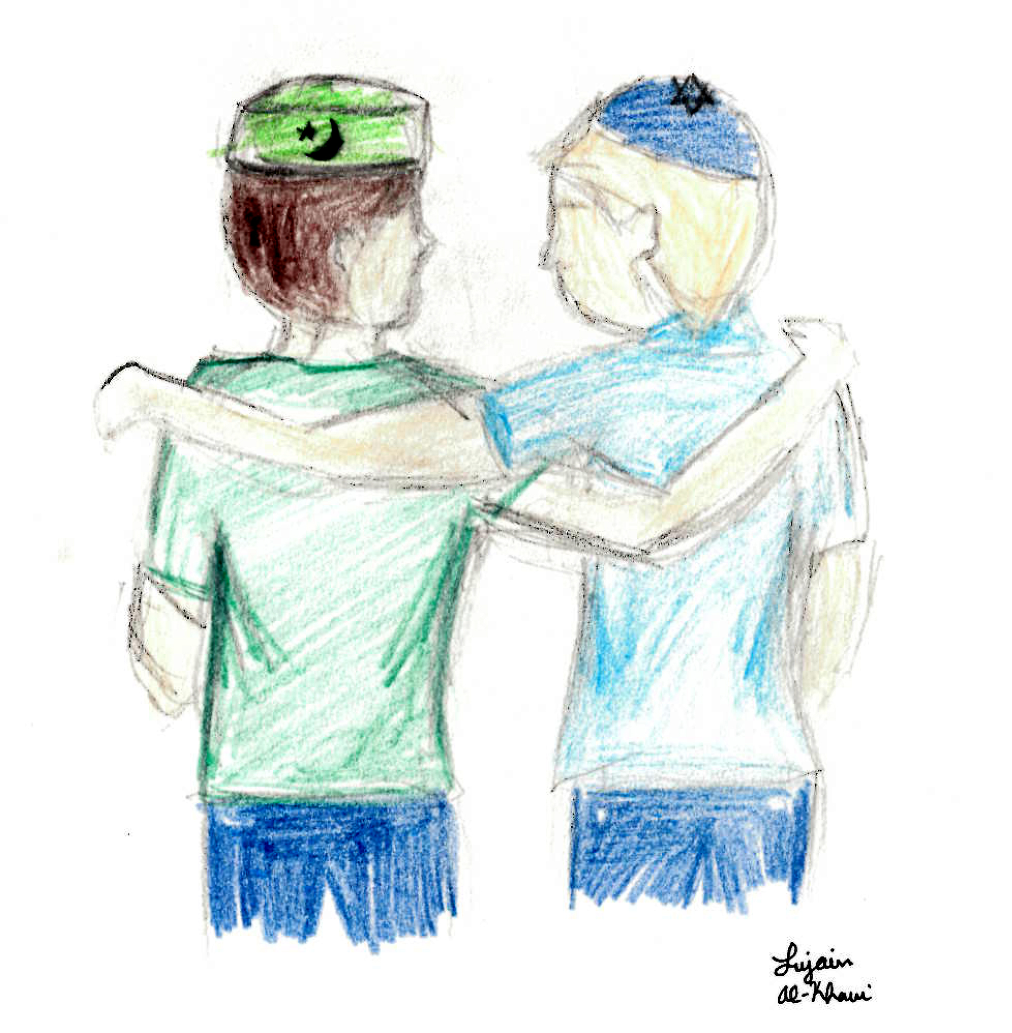 Illustration by Lujain Al-Khawi, of a young person with a Taqiyah with the star and crescent and a young person with a kippa with the Star of David. They each have an arm around the other's shoulder. 